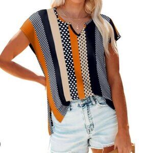 Ofeefan Striped Polka Dot Short Sleeve Top Womens XXL Orange Black New